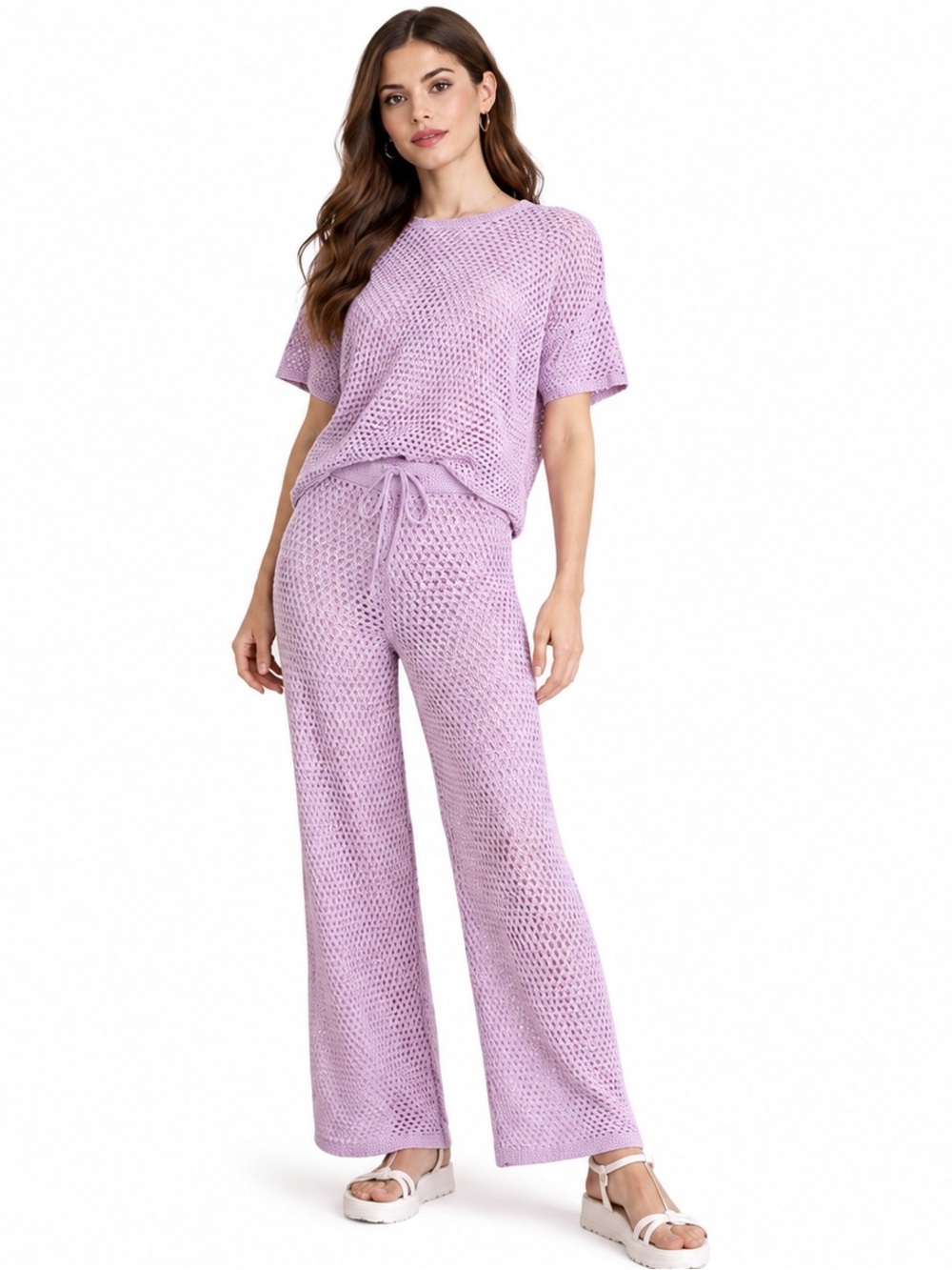 Stellae Dux Lavender Crochet Knit Two Piece Wide Leg Pants Set Small